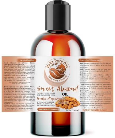 Sweet Almond Oil. 236ml. 100% Pure. Cold-pressed. Unrefined. Organic. Pasteurized. Additive-free. Promotes Skin Hydration. Nourishes Hair. Natural Moisturizer for Hair Face Body Nails Beard Stretch Marks. Bella Terra Oils. 236 ml (Pack of 1) - Buy Online on GoSupps.com