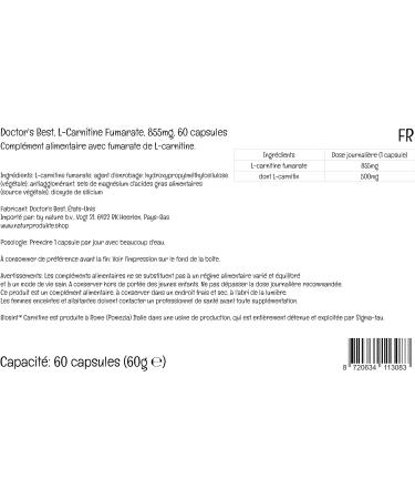 Doctor's Best L-Carnitine Fumarate 500mg - 60 Vegan Capsules | Lab Tested, Gluten Free, SOYA Free, Vegetarian - Amino Acid Supplement - Buy Online on GoSupps.com