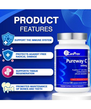 CanPrev Pureway C 600mg Advanced Formula 120 V-Caps - Enhanced Absorption Vitamin C Ascorbic Acid with Citrus Bioflavonoids - Supports Well-Being and Vitality - Buy Online on GoSupps.com