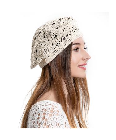 ZLYC Women Cotton Slouchy Crochet Beret Handmade Cutout Floral Beanie Hat Plain Beige