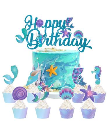 Mermaid Party Cake Decoration Mermaid Happy Birthday Cake Topper Cupcake Toppers and Wrappers for Mermaid Under The Sea Theme Birthday Baby Shower Supplies