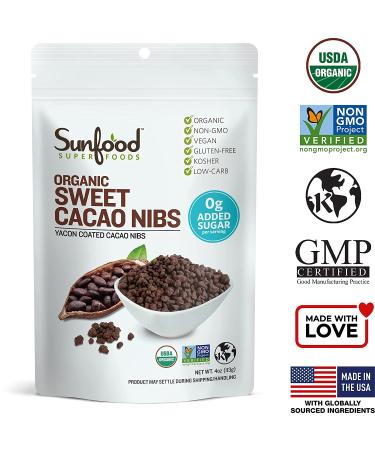 Sunfood Superfoods Sweet Cacao Nibs - Organic, Non-GMO, Vegan, Gluten-Free | Ultra-Clean All Natural Ingredients | 4 oz Bag - Buy Online on GoSupps.com