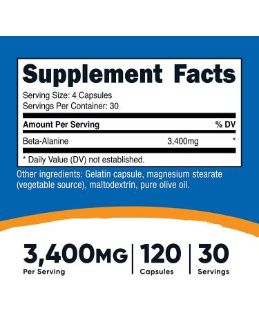 Nutricost Beta-Alanine Capsules 3400mg - Potent 30 Servings - Gluten Free & Non-GMO - 120 Count - Buy Online on GoSupps.com