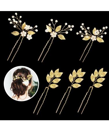 Wedding Bridal Hair Pins 6 Pieces Hair Clips Pearl Flower Leaves Hairpins Rhinestone Hair Accessories for Women and Girls