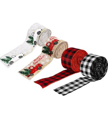 Christmas Ribbon Burlap Ribbon Buffalo Plaid Ribbon Ribbon Wired Wrapping Ribbon for Xmas Gift Tree Gift Wreath Decoration Home Decoration Gift Packaging DIY Crafts (4 ROLLS)