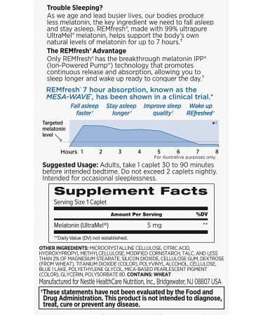 REMfresh Extra Strength 5mg Melatonin Sleep Aid (36 Caplet) - Doctor Recommended - Pharmaceutical-Grade for Immune Function - Ultrapure Melatonin 36 Count - Buy Online on GoSupps.com
