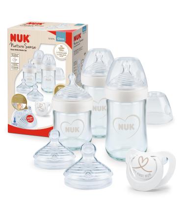 NUK Nature Sense Glass Baby Bottles Starter Set | 0-18 Months | Breast-Like Silicone Teat | 3 x Anti Colic Baby Bottles Bottle Teats & Dummy | BPA-Free | 7 Count Hearts 7 Count (Pack of 1) Temperature Control