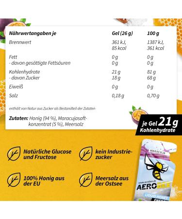 Aerobee Energy Liquid Gel - Maracuja 10x26g | 100% Natural Honey Sports Gel for Endurance Running & Power | Delicious Carbohydrate Energy Gel - Buy Online on GoSupps.com