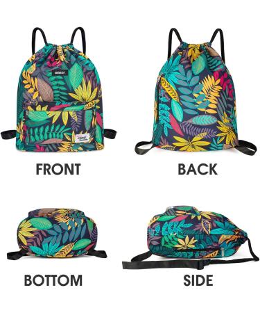 WANDF Drawstring Backpack - Water Resistant Nylon Sackpack for Gym, Shopping, Sport - Leaf Blue - Buy Online on GoSupps.com