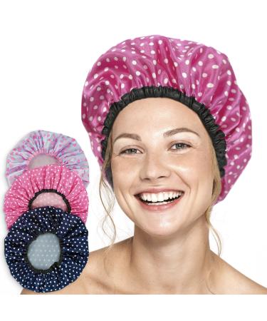 Shower Caps for Women 3 Pack in Different Colors - For Long and Short Hair - Reusable Bath Hair Cap for Ladies Men and Kids Harts & Dots