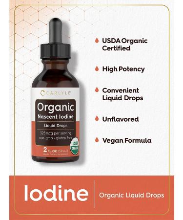 Organic Nascent Iodine Liquid Drops 2 fl oz - Vegan Non-GMO Gluten Free Supplement by Carlyle - Buy Online on GoSupps.com