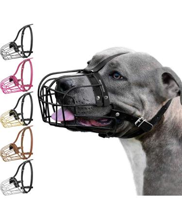 BRONZEDOG Pitbull Dog Muzzle Metal Mask Amstaff Wire Basket Pit Bull Adjustable Leather Straps for Large Dogs (Black) - Buy Online on GoSupps.com