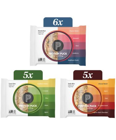 Protein Puck 3 Flavor Protein Bar Variety Pack (6 Peanut Butter, 5 Almond Butter, 5 Sunflower Butter)