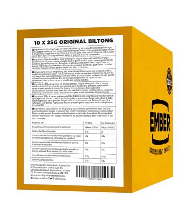 Buy Ember Snacks Biltong Beef Jerky - 25g x 10 Pack | Low-Calorie Low-Fat Snack | Made from British & Irish Beef | International Shipping Available - Buy Online on GoSupps.com