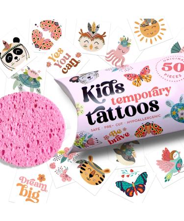 Kids Temporary Tattoos - Made in Europe Hypoallergenic   Pre-Cut  50 Pcs Original Kid Tattoos  Designs with Sea World  Butterflies  Animals  Flowers  Motivational Words - Gift Tattoos for Boys and Girls