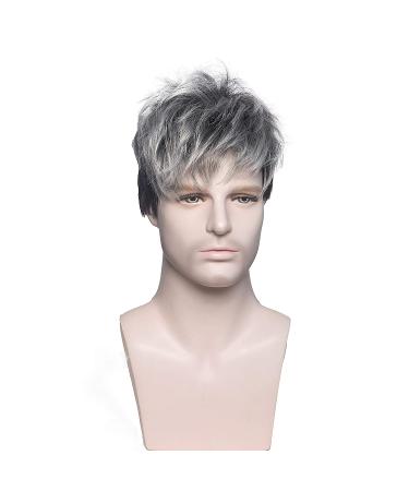 Men's Short Gray Synthetic Wig for Cosplay - Natural Straight Grey/Black Mix - Silver Short Hair - Buy Online on GoSupps.com