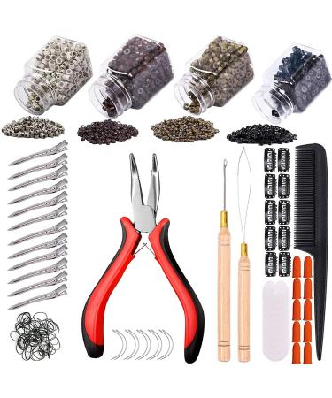 Hair Extension Kit Pliers Pulling Hook Loop Needle Threader Hair Extensions Tools with 4 Color Micro Ring Beads (Black, Brown, Dark Blonde, Blonde) 100 Black, 100 Brown, 100 Dark Blonde, 100 Blonde