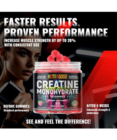 NUTRAGOGO NSF Certified Creatine Gummy - Creatine Monohydrate Gummies for Men & Women-5g of Creatine Monohydrate per Serving - Sugar Free Vegan Strawberry Electrolyte Chews 135 Count - Buy Online on GoSupps.com