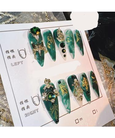 Nail Tips False Nails Tips Art Press on Nails Handmade Nail Art in Real Photos Wearing Luxurious and Niche Style Spicy Girl Nail and Diamond Jewelry with Black Green Palace(XS)