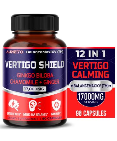 AUMETO Vertigo Support Complex 17 000mg with Ginkgo Biloba Chamomile Ginger Vitamin D3 B12 - Advanced 14-in-1 Formula for Spinning Dizziness Inner Ear Balance* - Made in The USA 90 Count (Pack of 1)
