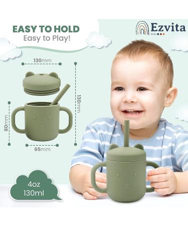 Ezvita Bear Silicone Sippy Cup with Straw - Spill-Proof Lid, Anti-Slip Handles for Babies and Toddlers - Fun Learning Tumbler - Freezer, Microwave, Dishwasher Safe - Silver Sage - Buy Online on GoSupps.com