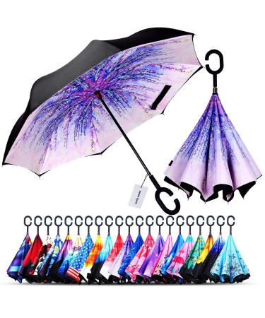 owen kyne Windproof Double Layer Folding Inverted Umbrella, Self Stand Upside-down Rain Protection Car Reverse Umbrellas with C-shaped Handle Wisteria Tree
