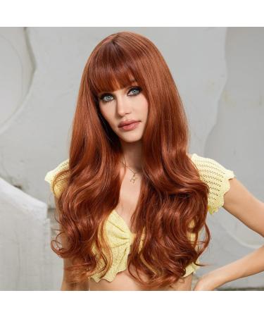 EMMOR Auburn Ombre Long Curly Wig with Bangs - Heat Resistant Synthetic Wig for Women | Natural Daily Hairpiece - Buy Online on GoSupps.com