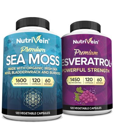 Nutrivein Premium Sea Moss Capsules & Resveratrol Supplement Bundle: High-Absorption Resveratrol Capsules and Irish Sea Moss for Digestion, Vitality, & Repair