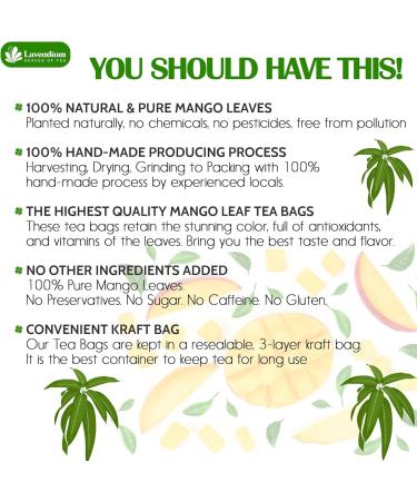 Lavedium. Premium 40 Mango Leaf Tea Bags 100% Natural & Pure from Mango Leaves. Loose Leaf Mango Herbal Tea. Mango Leaf Tea. No Sugar No Caffeine No Gluten Vegan. - Buy Online on GoSupps.com