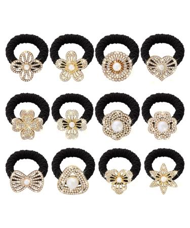 Elastic Hair Ties Crystal Rhinestone Hair Ropes Ponytail Holder Hair Bands Black Diamond Hair Ties Accessories for Women Girls 12 PCS 12pcs-2 BlackSet2