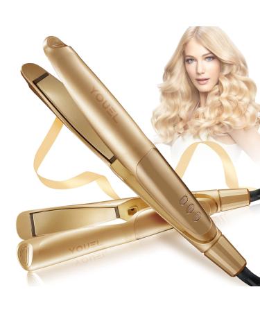 Twist Straightening Curling Iron, 2 in 1 Hair Straightener and Curler with 5 Temp for All Hair Types, Straightening Flat Iron with LED Display, Dual Voltage A-gold