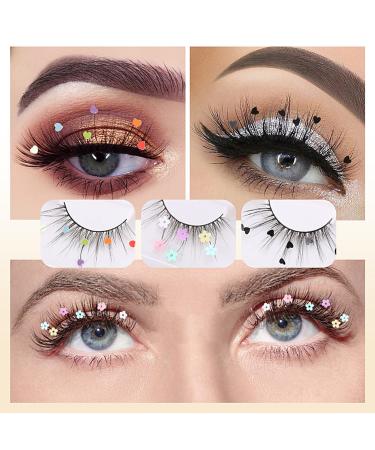 3 Pairs False Eyelashes  Festival Styles Dramatic Glitter Sequin Lashes with Cute Colorful Black Heart/Colorful Flower Lashes for Decorative Christmas New Year Halloweens Cosplay Party
