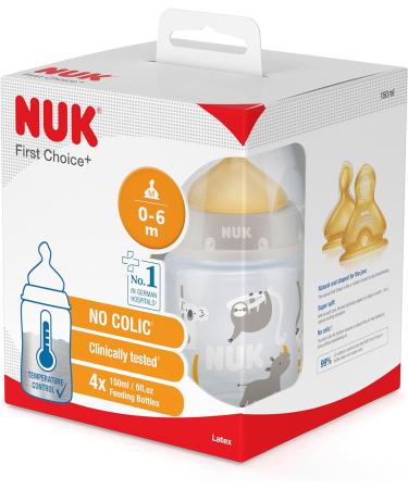NUK First Choice+ Baby Bottles Set 0-6 Months | Temperature Control & Anti Colic Vent | 150 ml BPA-Free | Latex Teat Safari Beige | 4-Pack Animals - 1 Pack - Buy Online on GoSupps.com