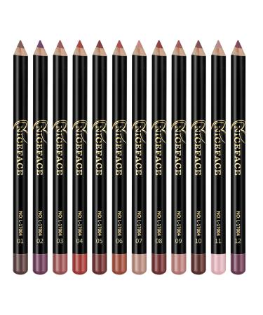 Minkissy 12Pcs Lip Liner Set 2-in-1 Matte Nude Lip Liner Make Up Lip Liners Pencil Waterproof 12 Colors Lip Line for Women Lady Girls