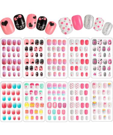 240 Pieces Children False Nails Kids Girls Press on Short Artificial Fake Nails Cute Pre Glue Full Cover Acrylic Nail Kit for Children Girls Nail Decoration 10 Boxes (Pink Heart) - Buy Online on GoSupps.com