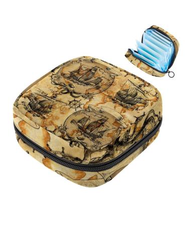Menstruation pad bag with zipper women's napkin bag tampons collection bags for women and girls (vintage sailing boats painted pirates treasures painted)