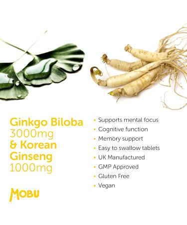 Ginkgo Biloba 3000mg & Korean Ginseng 1000mg 120 Tablets | Boost Memory & Cognitive Function | Vegan UK Made | GMP Approved - Buy Online on GoSupps.com