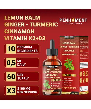 Penhoment 10in1 Lemon Balm Tincture with Ginger Root, Turmeric Liquid, Ceylon Cinnamon, Berberine, Black Pepper for Relaxation 3300mg - 1FL Oz - 60 Day Supply - Buy Online on GoSupps.com