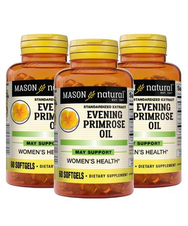 MASON NATURAL Evening Primrose Oil, Relieves PMS Symptoms, Supports Overall Hormone Function, Enhances Women's Health, Softgels, Yellow, 60 Count, Pack of 3