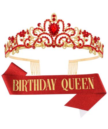 Happy Birthday Queen Tiara Crowns for Women, Red Birthday Sash, Birthday Party Favors Supplies Birthday Gift for Women, 30th birthday decorations for women, Birthday Stuff Accessories Birthday Tiara 21