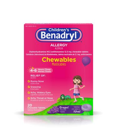Benadryl Children's Allergy Chewables with Diphenhydramine HCl Antihistamine Chewable Tablets for Relief of Allergy Symptoms Like Sneezing Itchy Eyes & More Grape Flavor