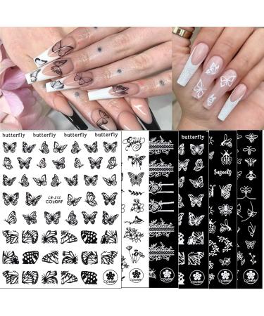 8 Sheets White Black Butterfly Nail Art Stickers 2022 New Flower Nail Decal Nail Art Decoration Supplies Bee Dandelion Butterfly Angel Flower Nail Design 3D Self-Adhesive for Acrylic Nail Manicure Tips Clear