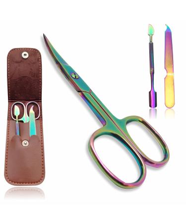INSTEX Cuticle Nail Scissors Nail Files Nail Pusher Set | Professional Curved Steel Blade Right for Eyebrow Thick Toenails Manicure Pedicure Beard Nose Trimming Men Women with Leather Pouch Blue Multicolour