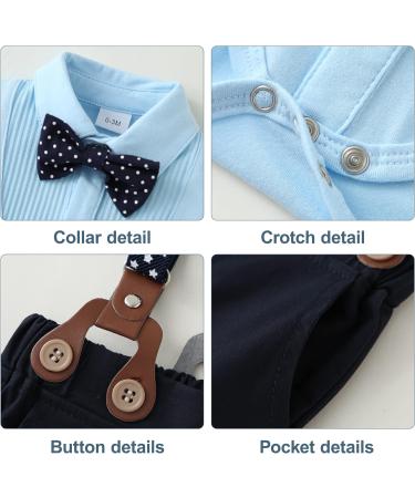ZOEREA Baby Boy Gentleman Outfits Set | Romper Jumpsuit + Bow Tie + Suspender Pants | Infant Wedding Suit Clothing | Blue | 6-12 Months - Buy Online on GoSupps.com
