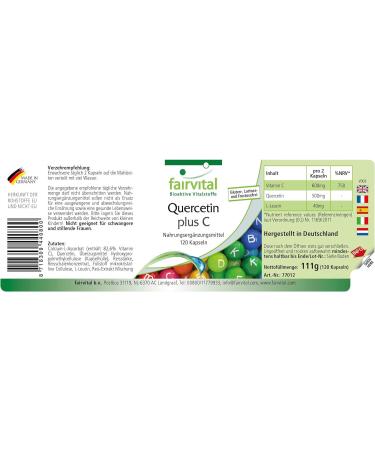Fairvital Quercetin and Vitamin C Vegan Capsules - High Dosage Antioxidant Supplement - 120 Count - Buy Online on GoSupps.com