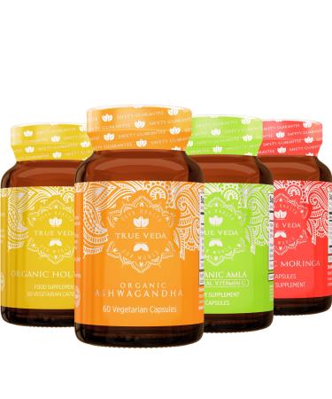 True Veda Everyday Essentials Bundle | USDA Organic | Multi-Award-Winning | Organic Ashwagandha KSM-66 + Organic Holy Basil with Vitamin B6 + Organic Amla with Vitamin C + Organic Moringa Capsules