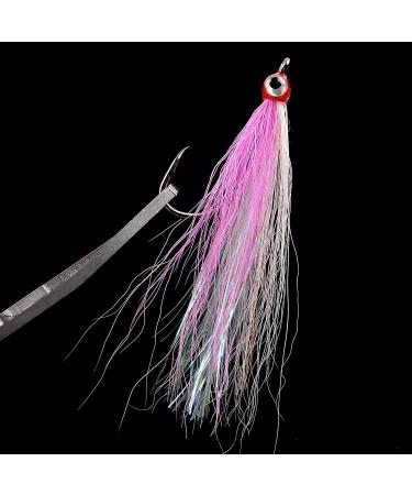 Fishing Bucktail Teaser Hooks,5pcs Saltwater Fishing Teaser Lures with  Bucktail Crystal Flash Skirt Big Eyes Fluke Flounder Rig Fishing Jig Hooks  5 Colors Pink &White-5pcs