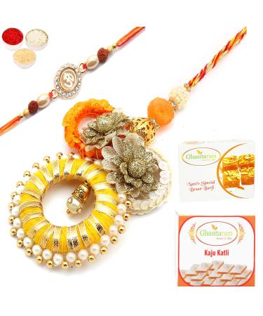 Ghasitaram Gifts Rakhis Online - Rakhi for Brother- Echoes of Care rm071 Bhaiya Bhabhi Rakhi with 200 GMS of Besan Barfi and 200 GMS of Kaju Katli Rakhi Set with 200 gms of Besan Barfi & Kaju Katli