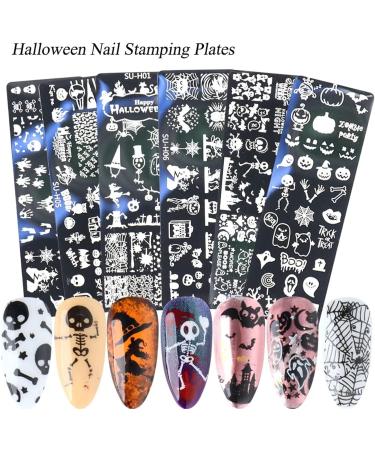 Halloween Nail Stamper Kit - 6 Nail Plates + 1 Stamper + 1 Scraper - Skeleton/Spider Web/Pumpkin/Tree Design - Nail Decoration Supplies 8 Piece Set + Tools - Buy Online on GoSupps.com