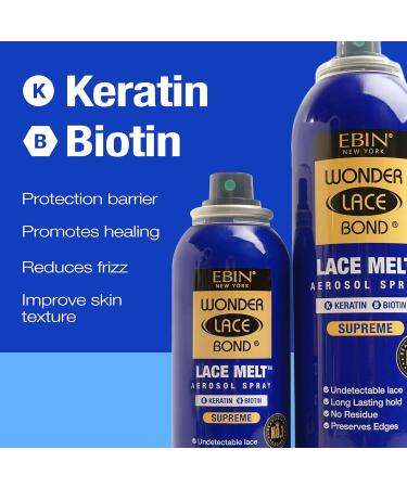 EBIN NEW YORK Wonder Lace Melt Aerosol Spray - Keratin + Biotin Infused (180ml./ 6.08oz) - Preserves Edges & Undetectable Lace | Long lasting hold | No Residue 6.08 Fl Oz (Pack of 1) Keratin + Biotin - Buy Online on GoSupps.com